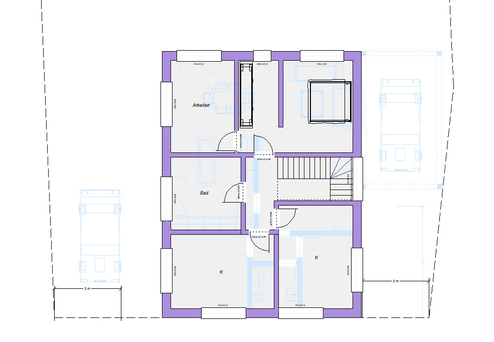 Ground floor plan of a house: kitchen (K), bathroom, study (Work) and stairs, hallway.