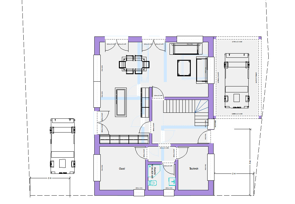 Ground floor plan of a house with living room, dining area, guest room, utility room and garage.