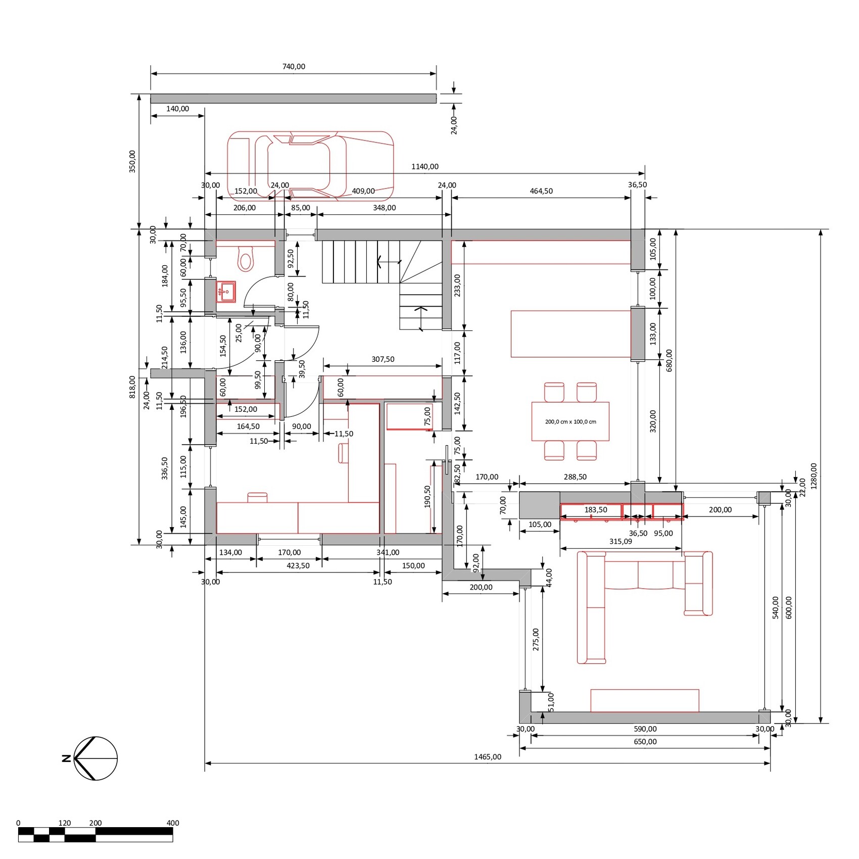 Floor plan of a house: living room, dining area, kitchen, bedroom, bathroom, stairs; measurements.