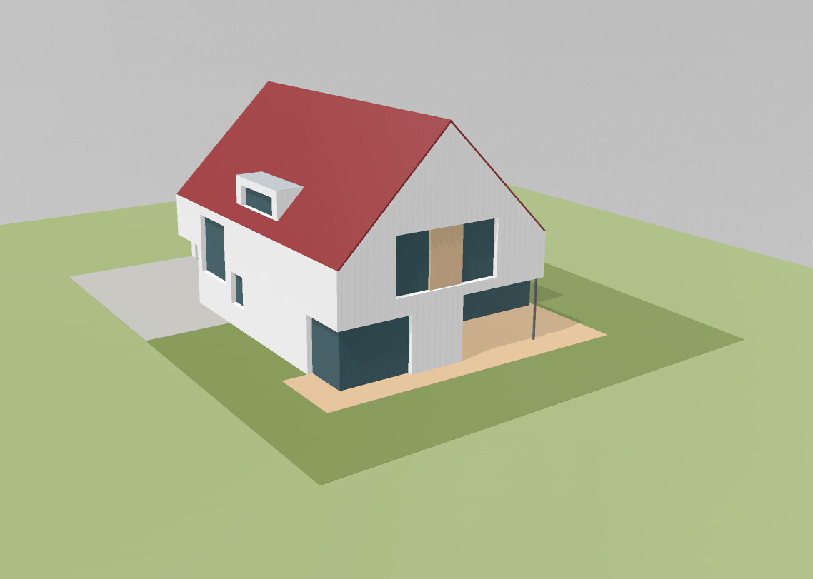 White detached house with red gable roof, large windows, garage on green plot.