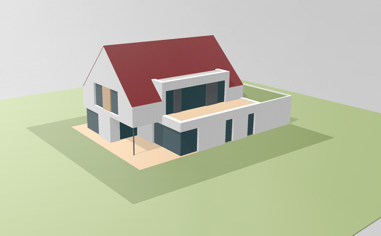 Modern two-story house design with red gable roof, terrace, and green area.