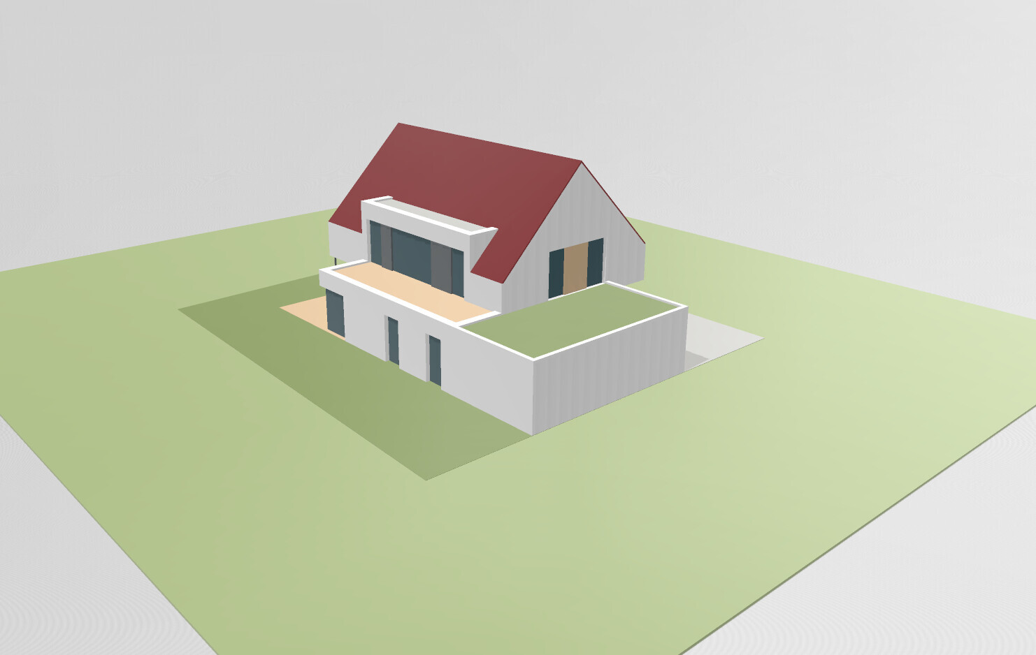 Modern detached house with red gable roof, terrace, and green plot.