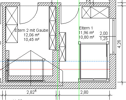Two-room floor plan with master bedroom and children’s bedroom, door and window arrangement