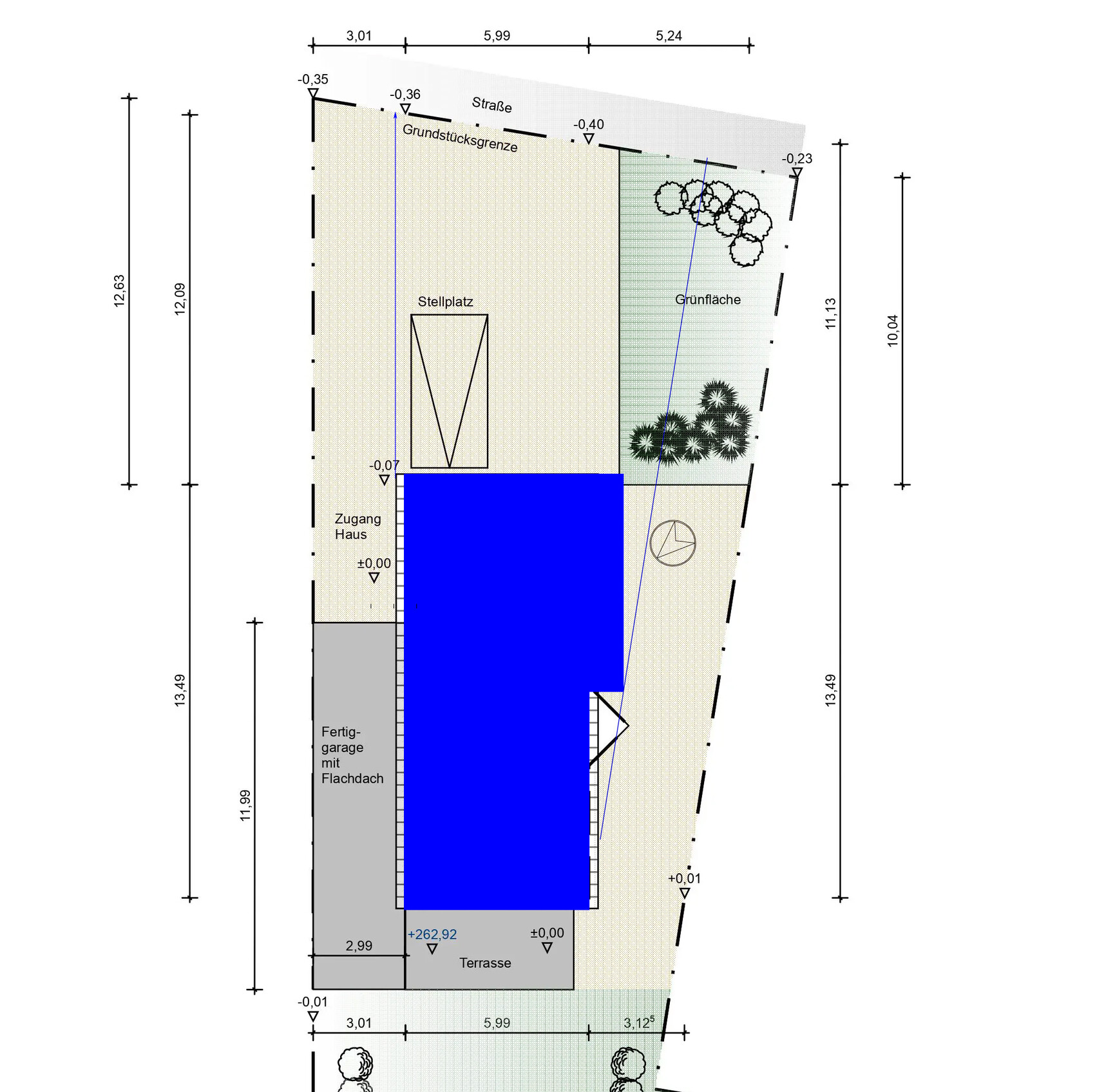 Site plan: blue building section, garage, parking space, terrace, and green area with trees