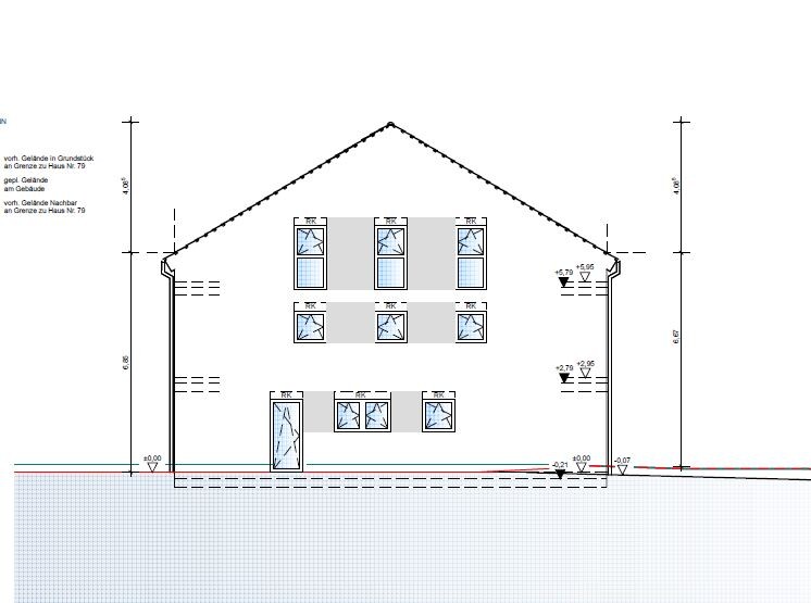 Architectural drawing of a two-story house with a pitched roof, windows, and entrance door.