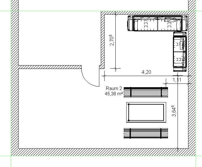 2D floor plan of a living area with seating and walkways