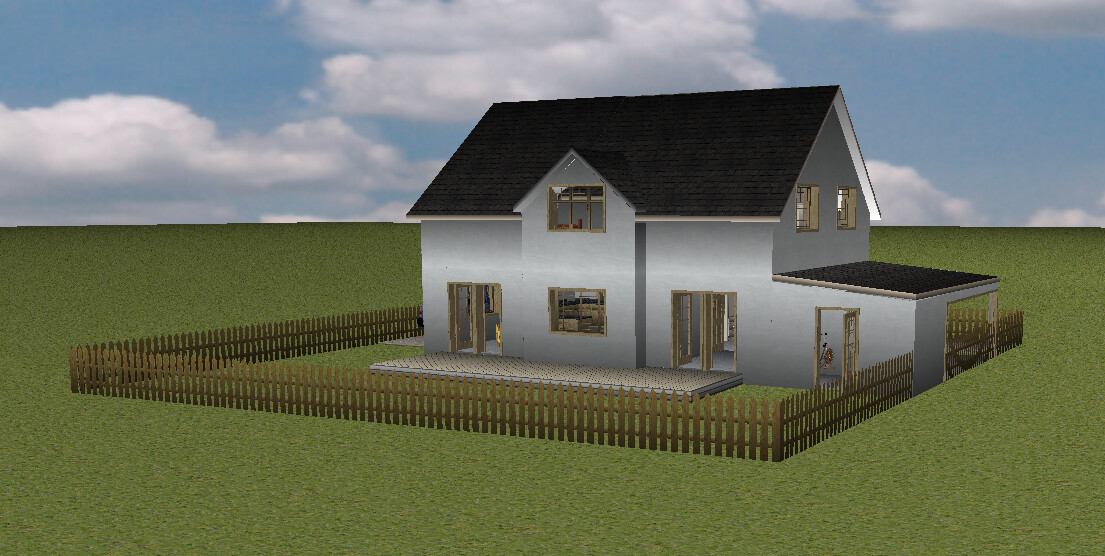 3D house model: two-story house with gray facade, black roof, and garden fence.