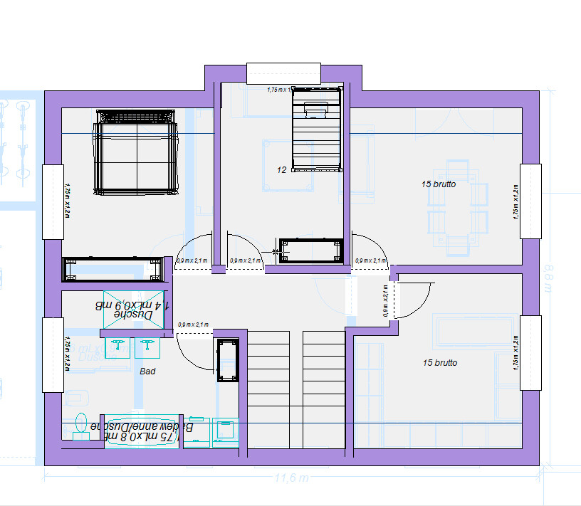 Floor plan of an upper floor with central staircase, three rooms, bathroom, and kitchen.