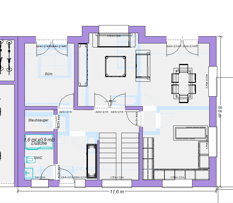Floor plan: living room on the right, office on the left, central staircase, shower and vacuum cleaner room at bottom left.