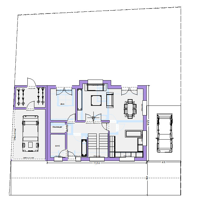 Floor plan of a house with living room, dining area, stairs; garage on the left, parking space on the right.