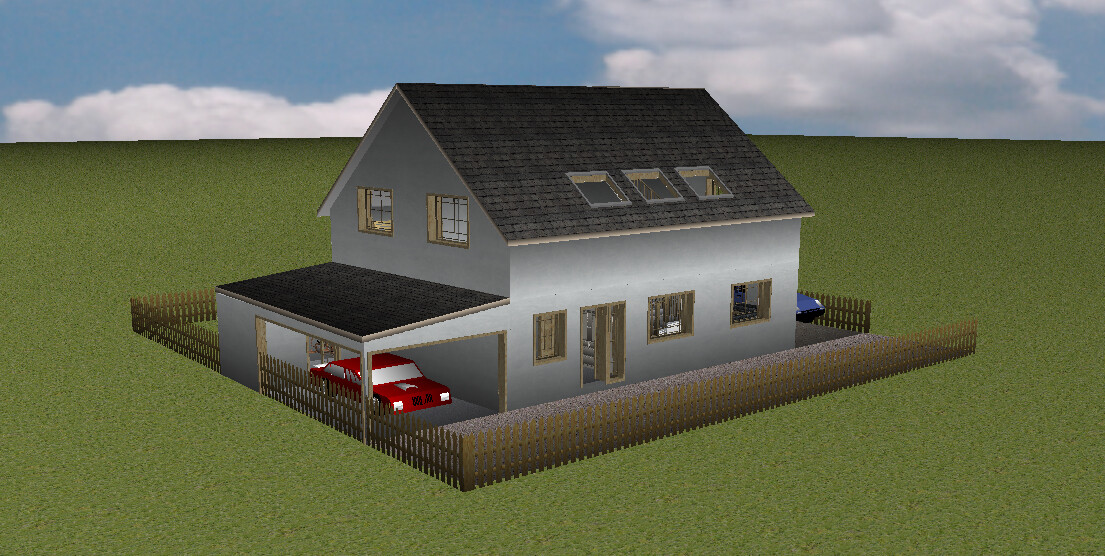 Two-story house with carport, red car, and wooden fence on a green plot.
