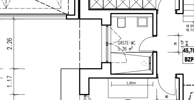 Floor plan of a building section with guest toilet (5.26 m² (57 sq ft)), doors, and dimensions.