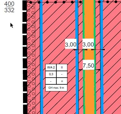 2D floor plan with dimension lines and colored lines for building a house