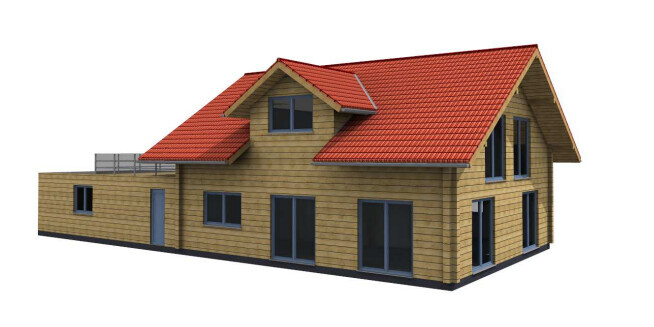 Wooden house with red tiled roof, wooden facade, and many windows.