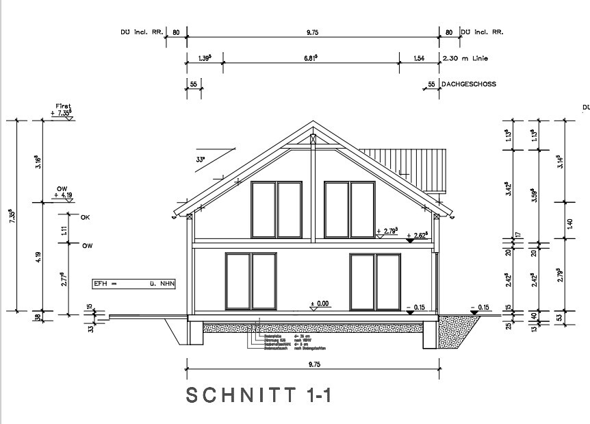 Cross-section of a house with gable roof, windows, foundation.