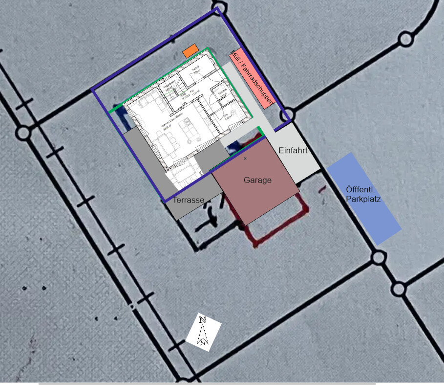 Site plan of a building with garage, terrace, driveway, and public parking.