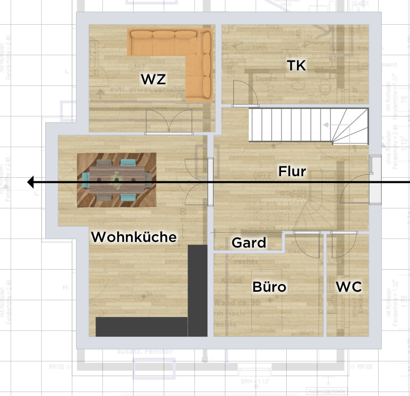 Floor plan: living room (LR) with sofa, open-plan kitchen with dining table, hallway, wardrobe, office, WC, storage.