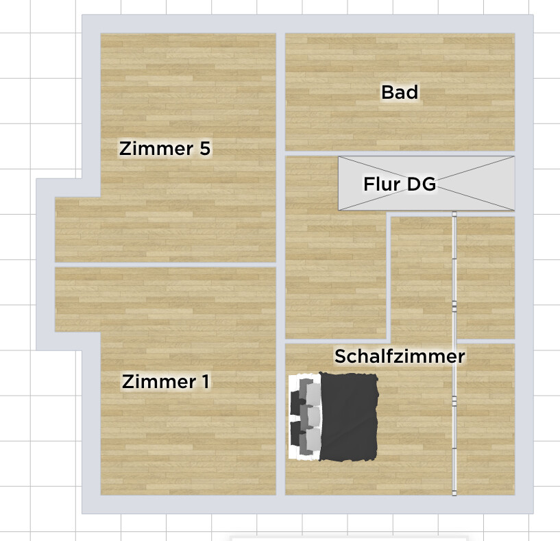 Floor plan of an attic with room 5, room 1, bedroom, bathroom, and attic hallway.