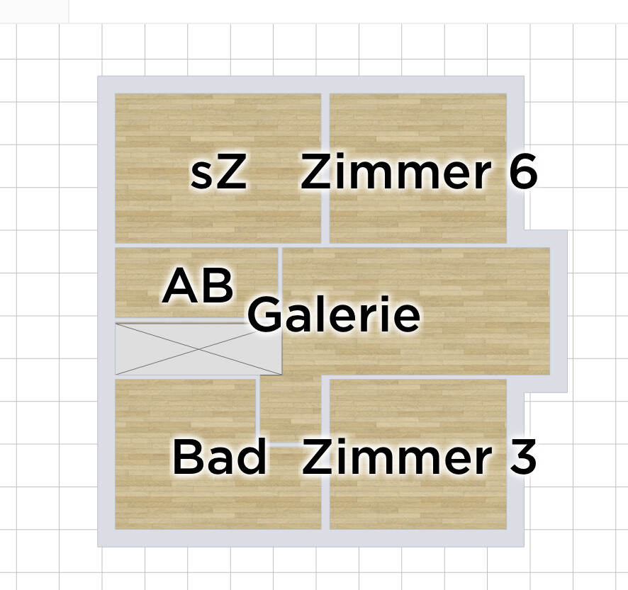 Floor plan of an apartment with bedroom/room 6, storage (AB), gallery, bathroom, and room 3.