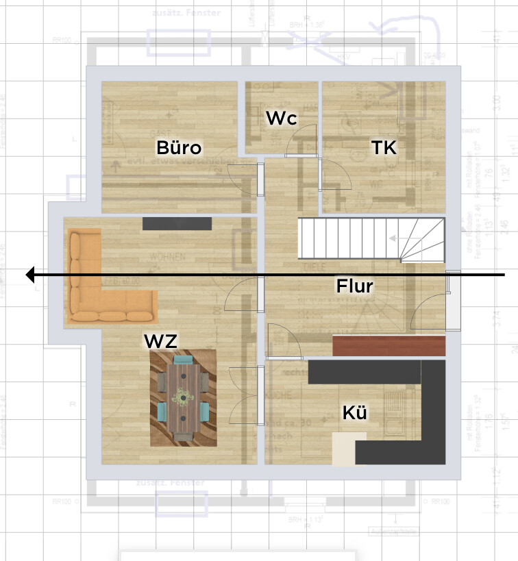 Floor plan of a level with hallway, living room (LR), kitchen, office, WC, storage, staircase.