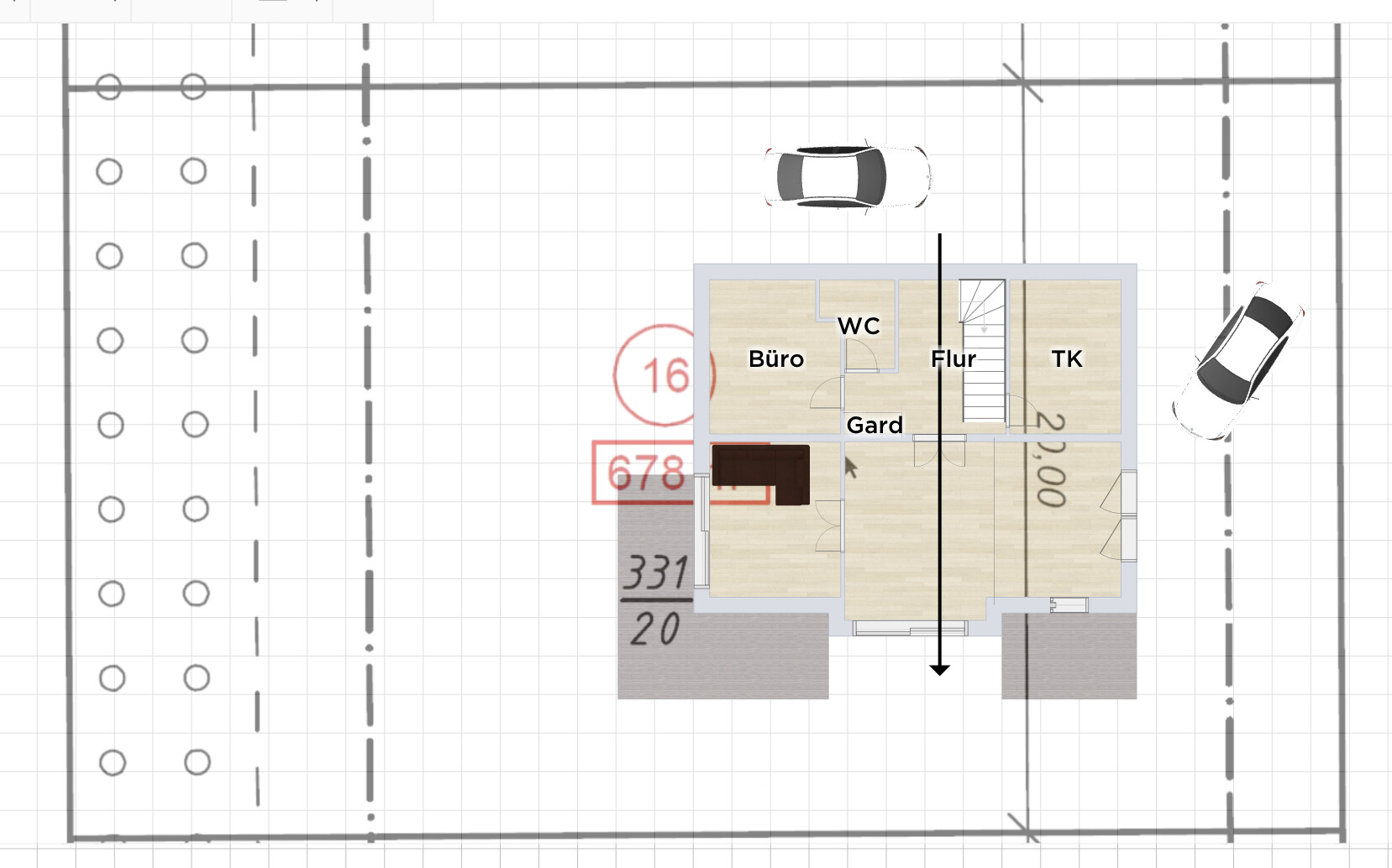 House floor plan with office, hallway, wardrobe, WC, stairs; surrounding parking and street areas.