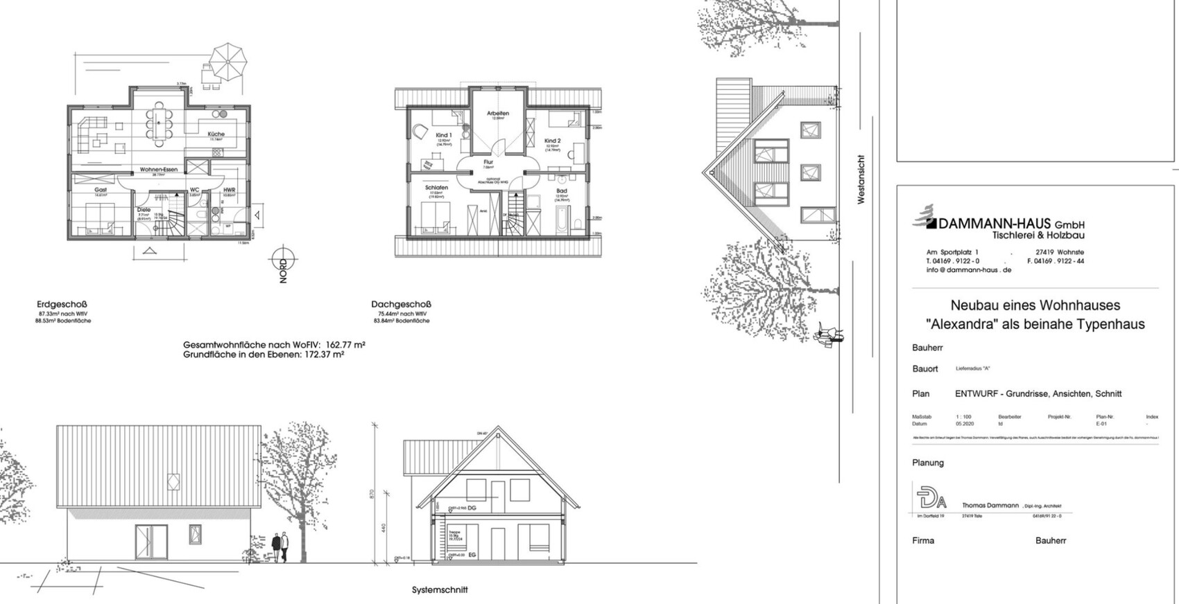 Architectural plans: ground floor and attic floor plans plus elevations of the Alexandra house.