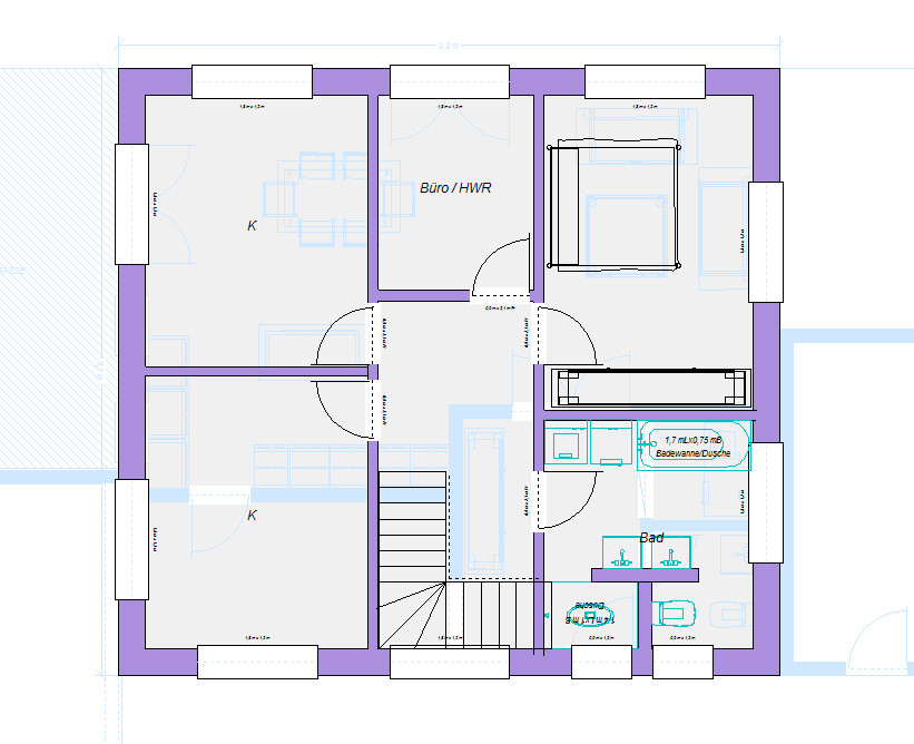 Grundriss einer Etage: zwei Küchen (K), Büro/HWR, Schlafzimmer, Bad, Treppenhaus, Türen und Möbel.