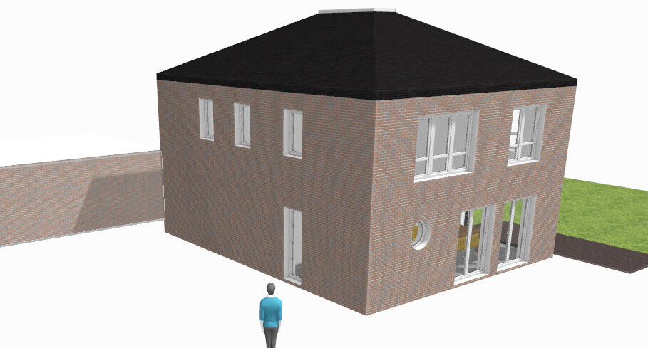 Two-story brick house with dark roof, many windows, round window, and person in front.