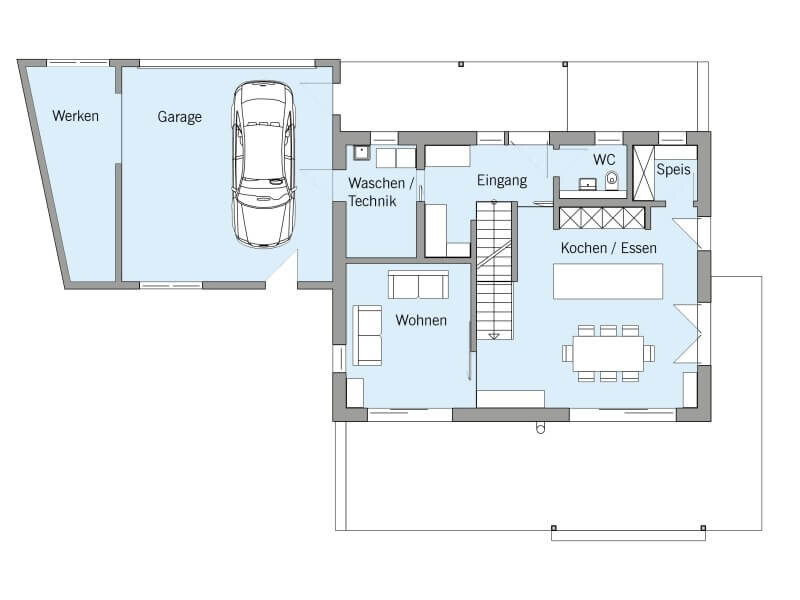 Floor plan: Garage with car, workshop, living and kitchen area, entrance, laundry/technical room, WC, pantry