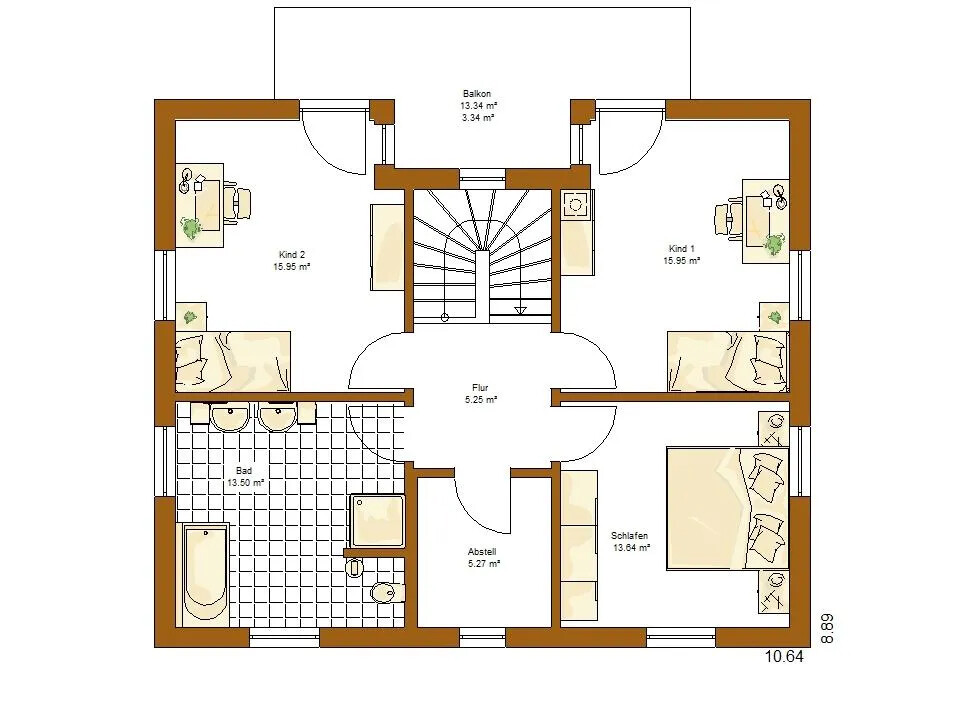 Grundriss eines Wohnungsplans: Flur, Bad, Abstellraum, Schlafzimmer, zwei Kinderzimmer und Balkon.