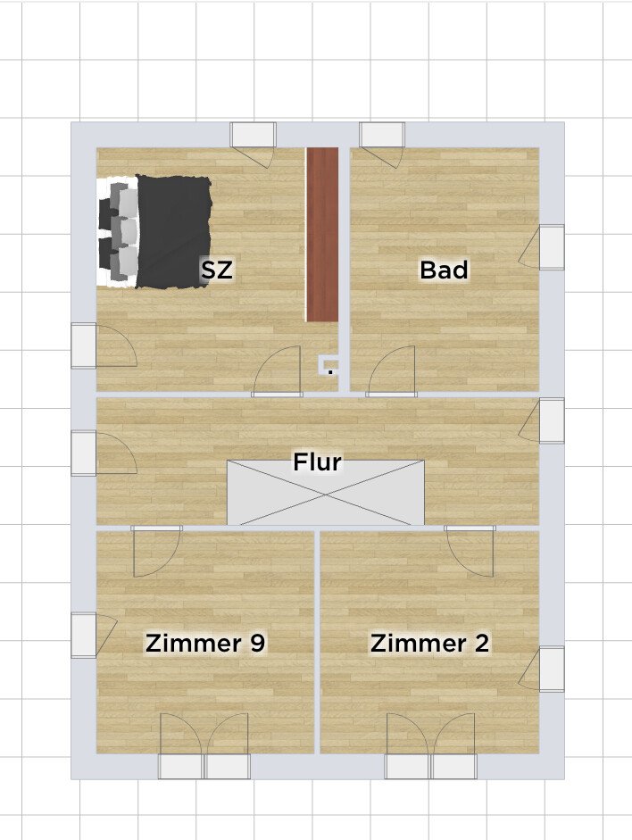Floor plan of an apartment: bedroom with bed, bathroom, hallway, room 9 and room 2.