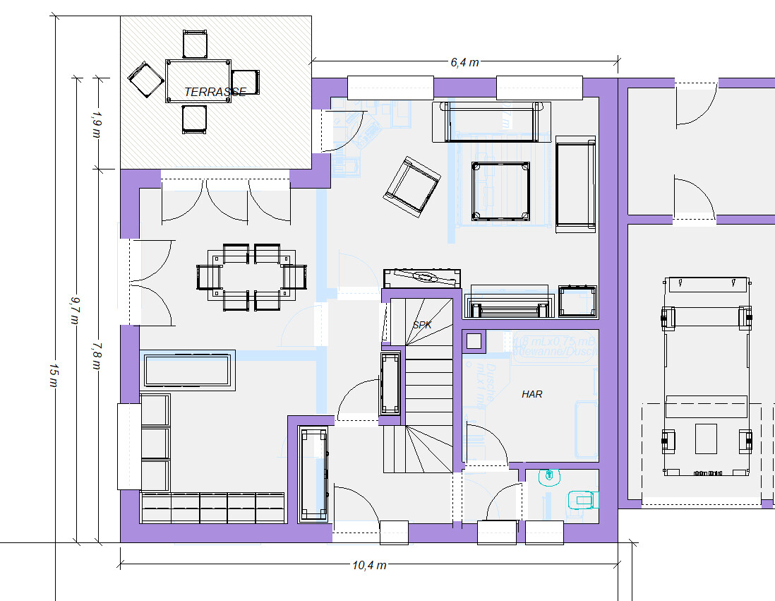 Floor plan of a house with terrace, living room and dining area, as well as entrance area.