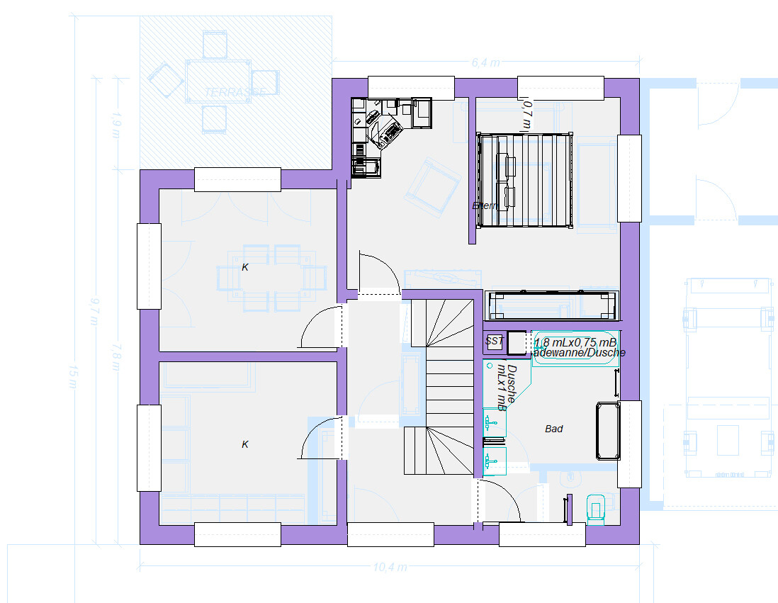 Floor plan of a residential house: terrace, staircase, two kitchens, bedroom, bathroom with shower.