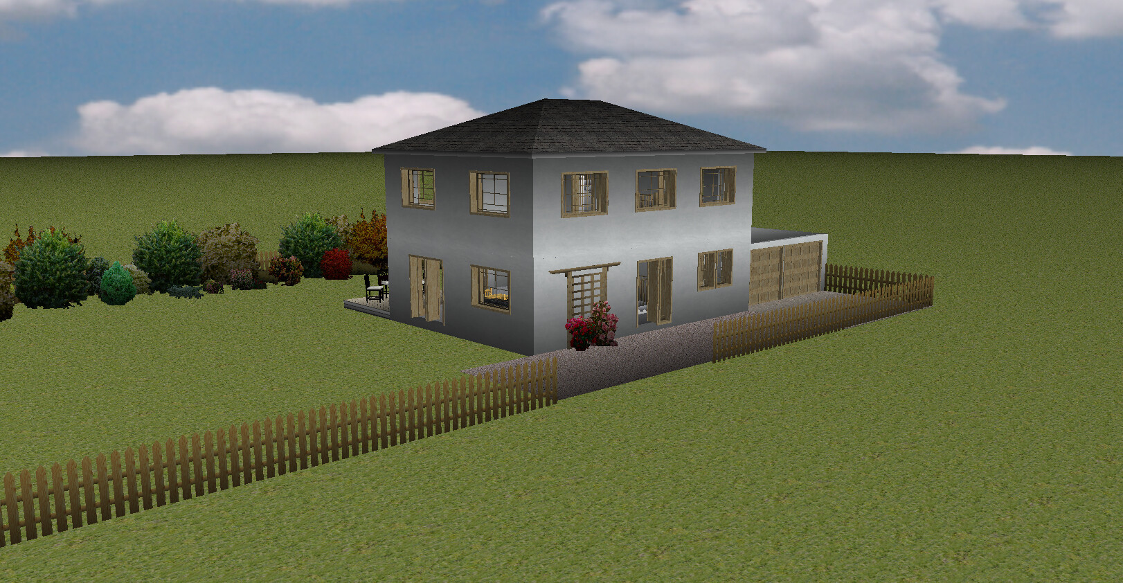 Two-story grey house with dark roof, garden, fence and garage.