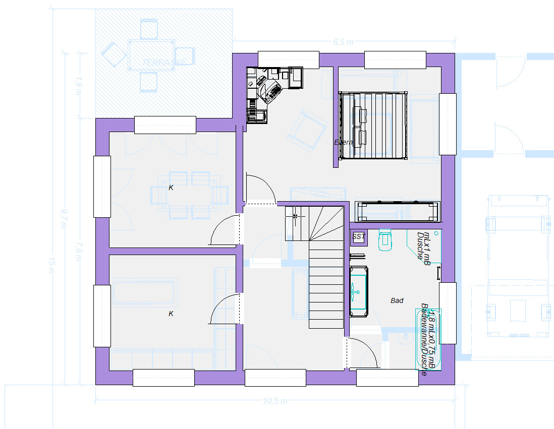 Floor plan of a house with kitchen, bathroom, two bedrooms, living room, staircase, and terrace.