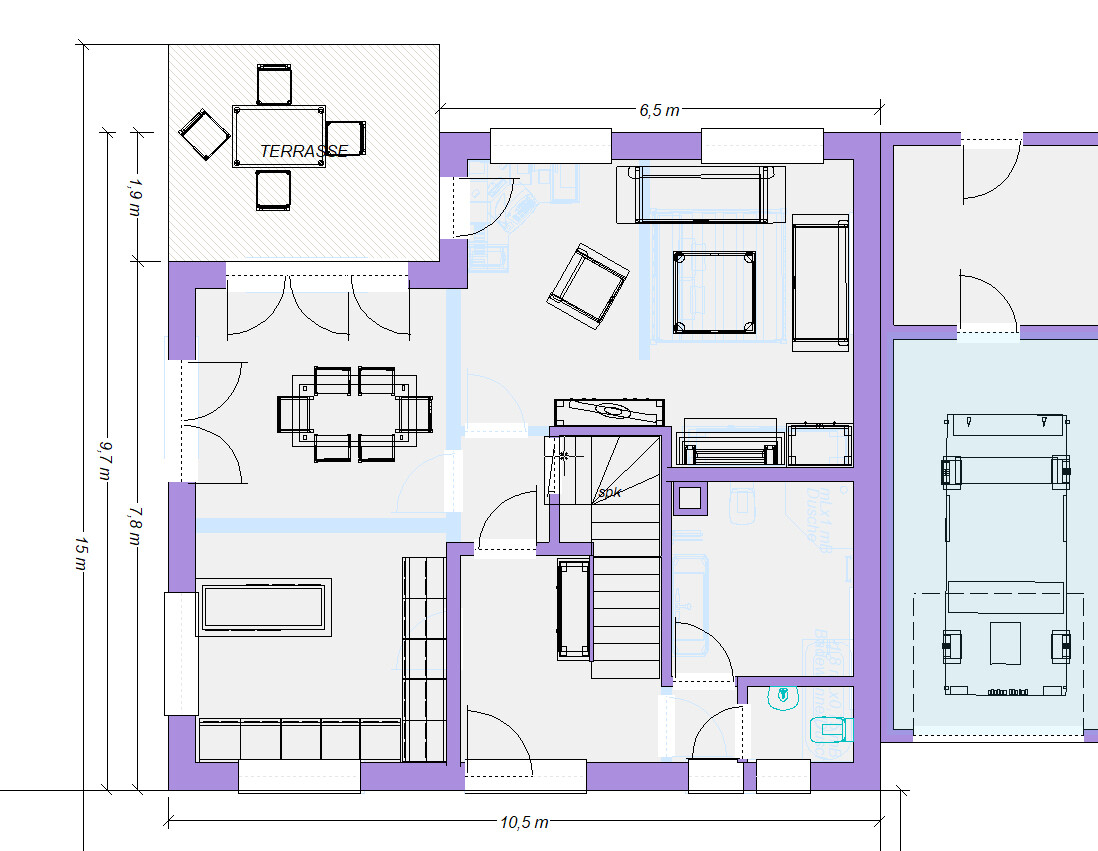 Floor plan of a house: terrace with table, dining room, living room, staircase, bathroom, garage.