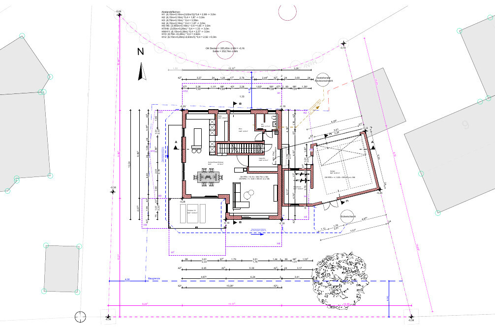 Floor plan of a house with interior rooms, furniture, dimension lines, and north arrow.