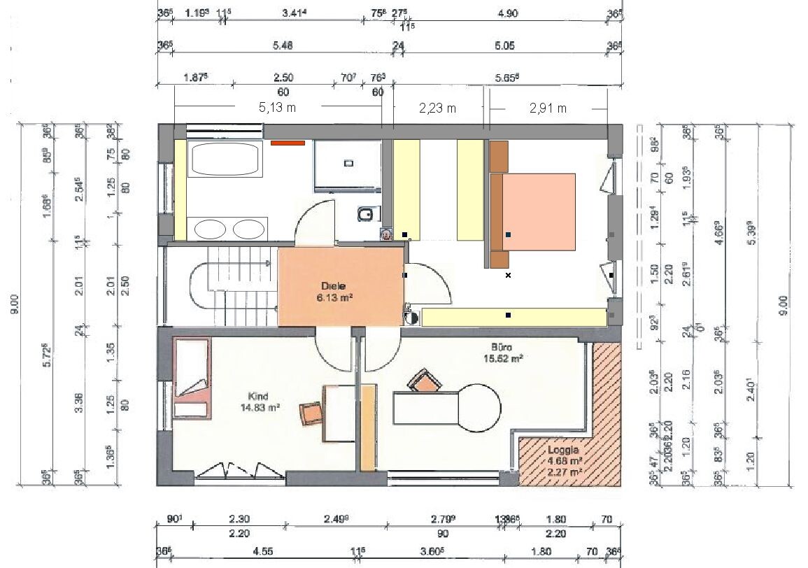 Floor plan of a house: hallway, children's room, office, bedroom, bathroom, and loggia.
