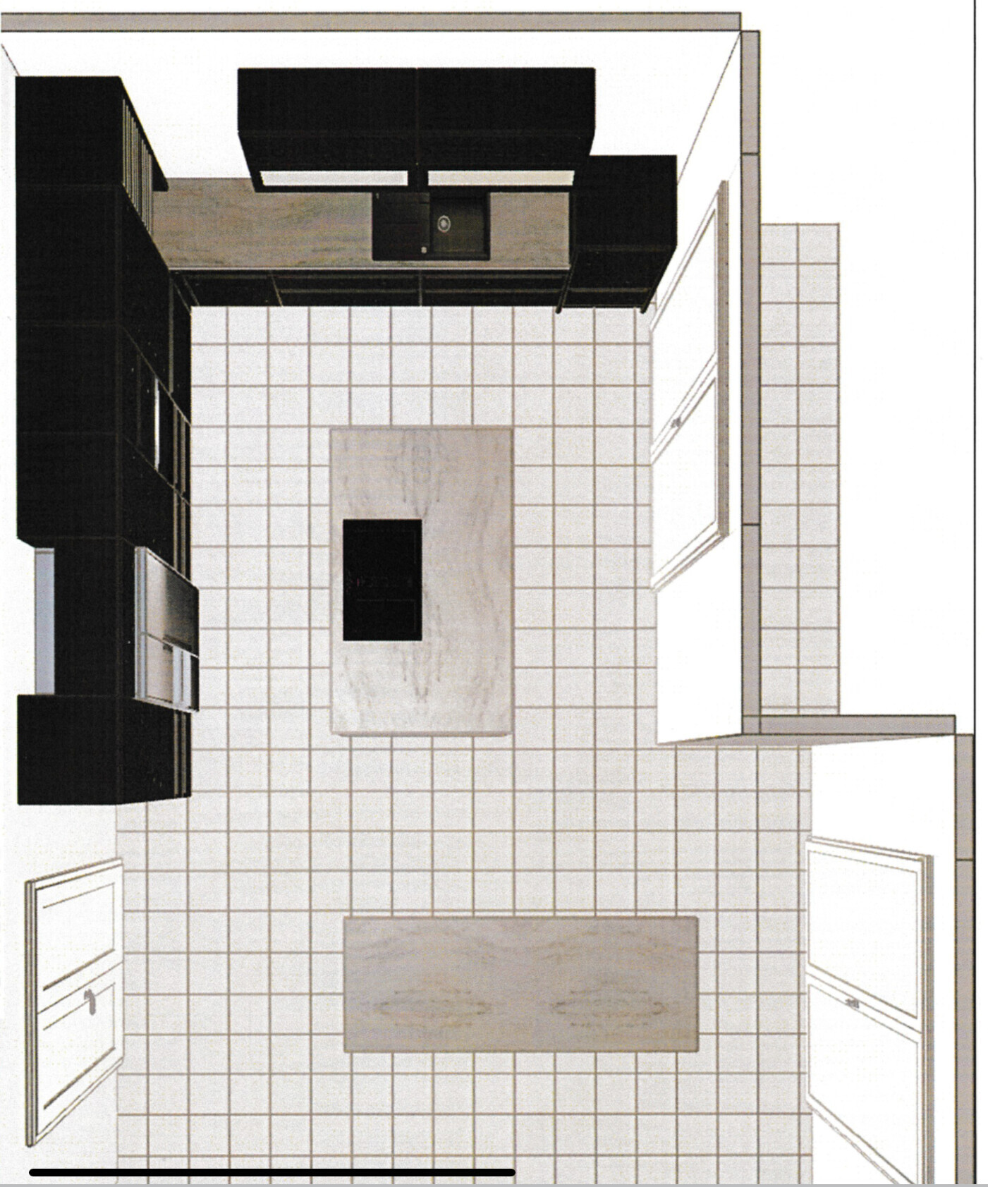 Bird's-eye view of kitchen with dark cabinets, central coffee table, and large dining table.