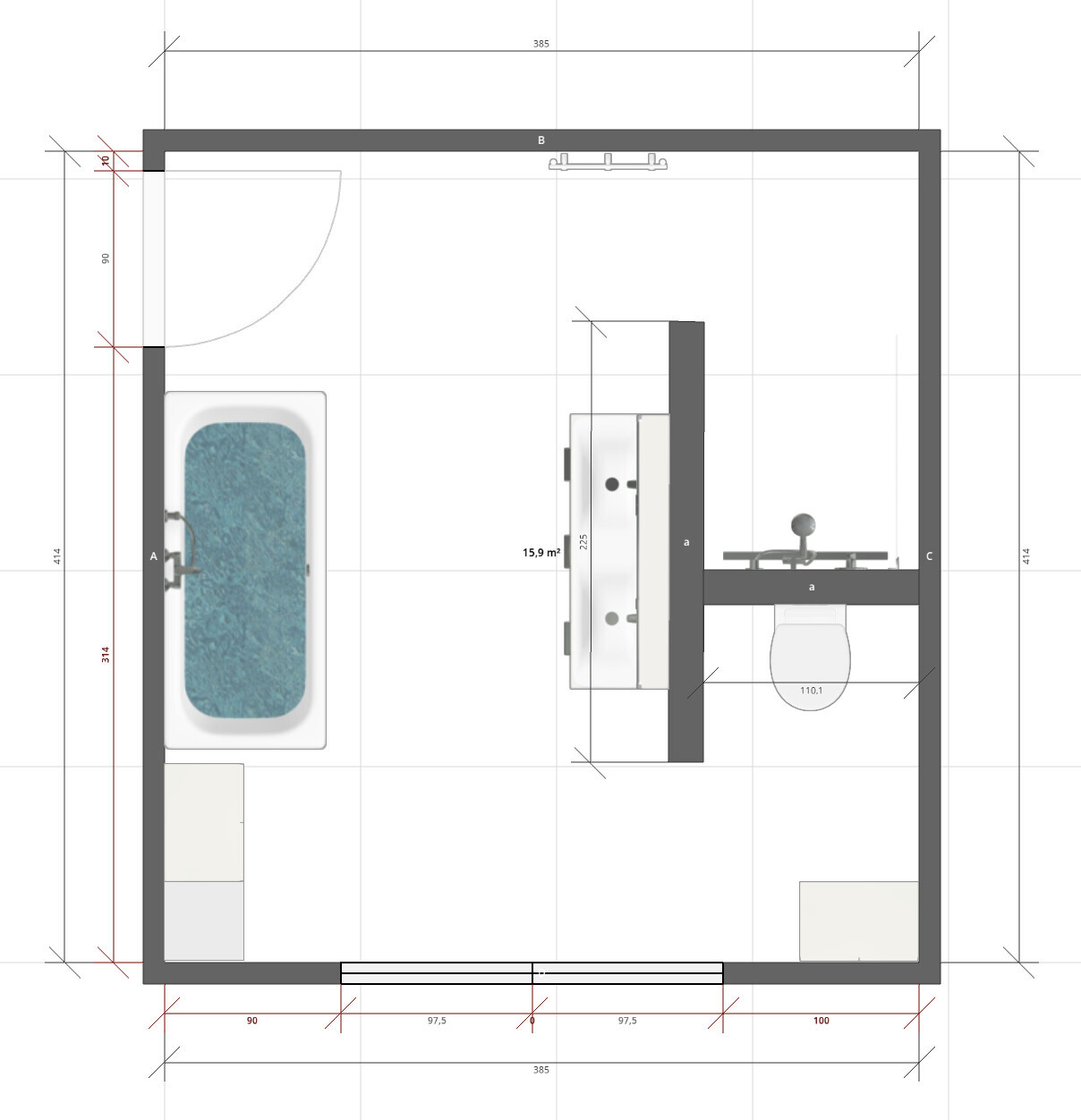 2D floor plan of a bathroom with bathtub, sink, and toilet