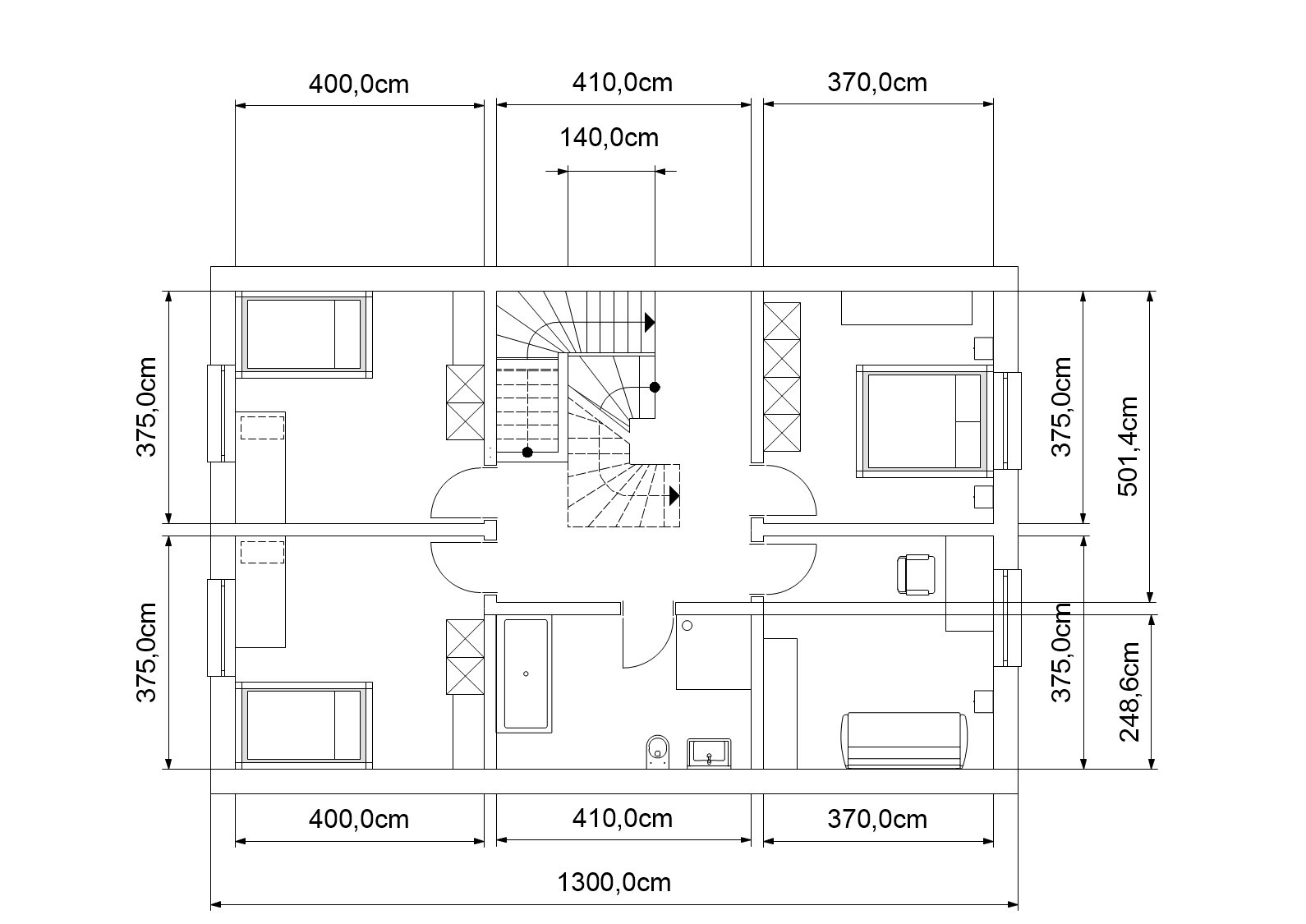 Floor plan of a house: central staircase, rooms with furniture, dimensions in cm