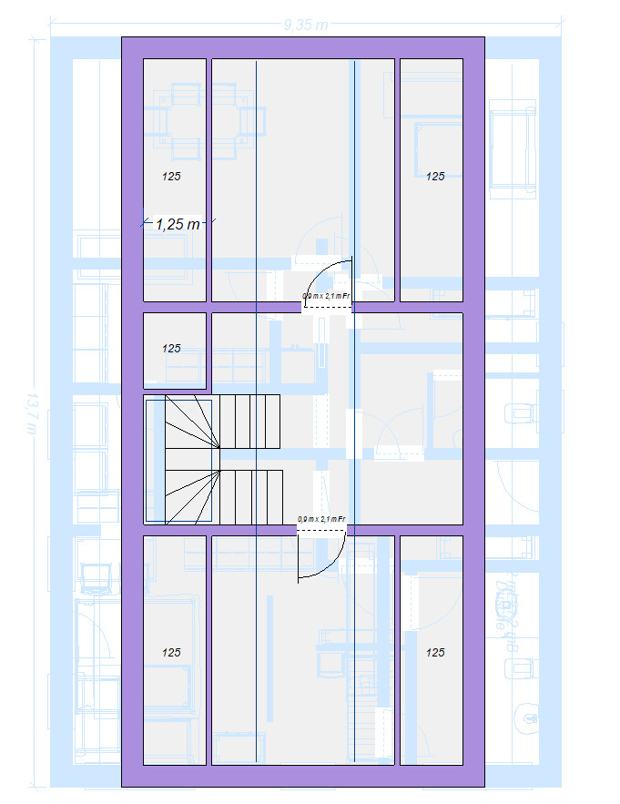 Architectural floor plan of a multi-storey building: stairwell, doors, and rooms with purple outlines.