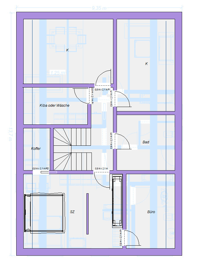 Floor plan of a storey with stairwell, doors, and labeled rooms (bedroom, office, bathroom, kitchen, kitchen).