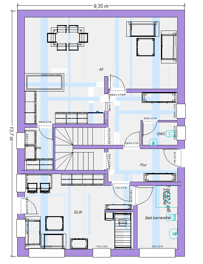 Floor plan of a building with several rooms, stairs, hallway, granny flat, and accessible bathroom.