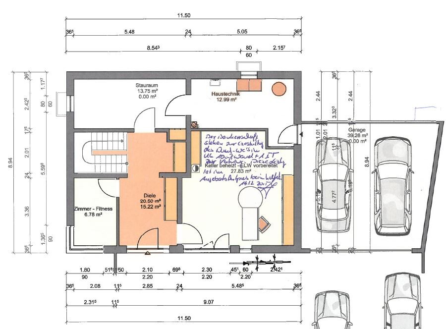 Floor plan of a house with hallway, storage, utility room, room/gym, garage with two parking spaces.