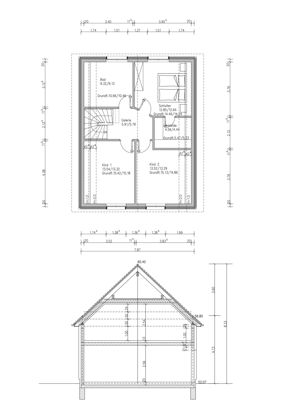 Architectural plan: upper floor layout with bathroom, bedroom, two children’s rooms, gallery and stairs.