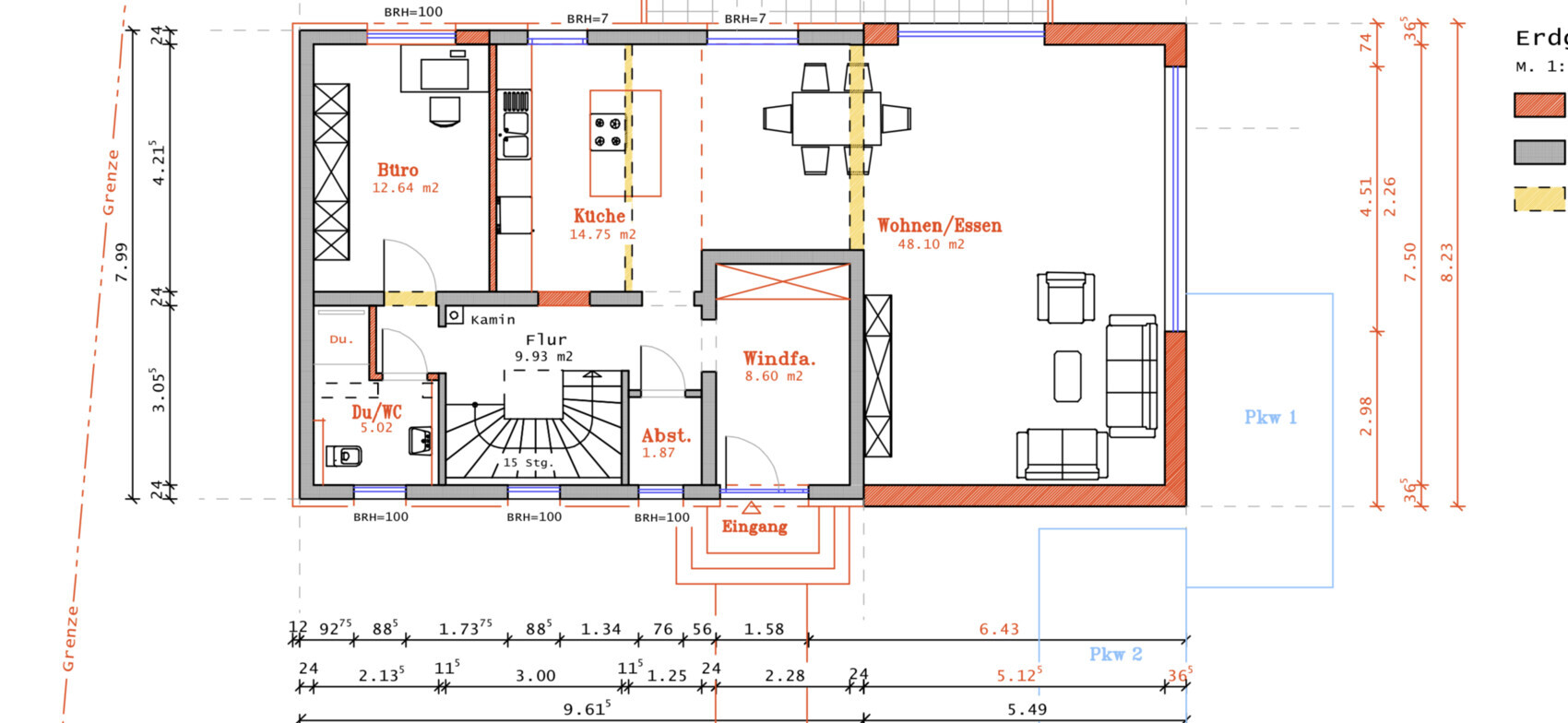 Floor plan of a house: office, kitchen, hallway, entrance hall, toilet, storage room, living/dining area, entrance.