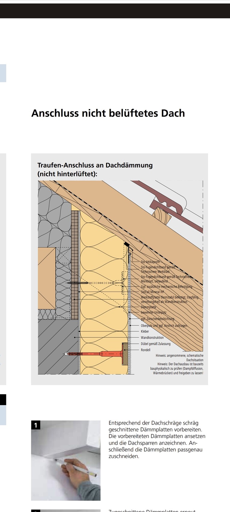 Technische Grafik: Traufen-Anschluss an Dachdämmung (nicht belüftet).