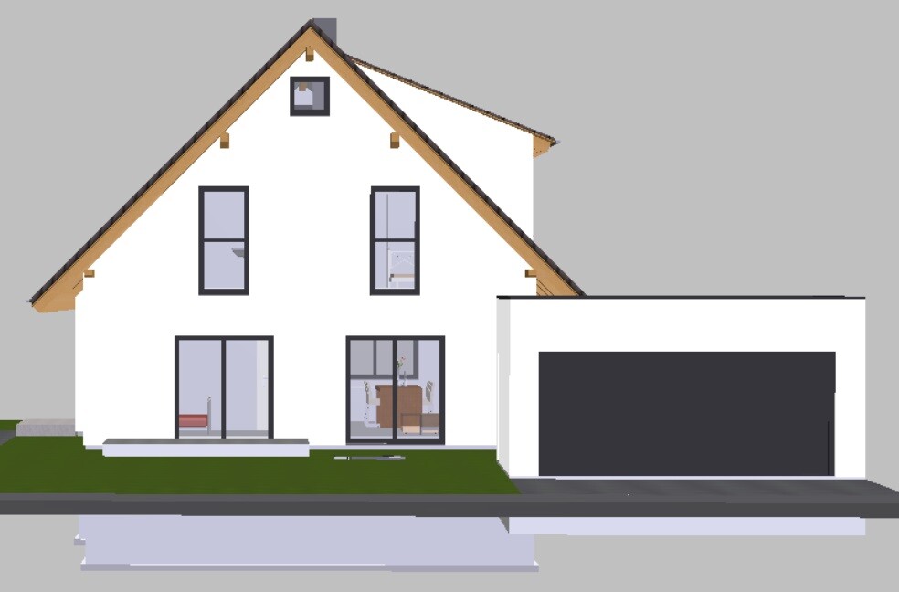 Modern white single-family house with gable roof, large glass windows and garage.