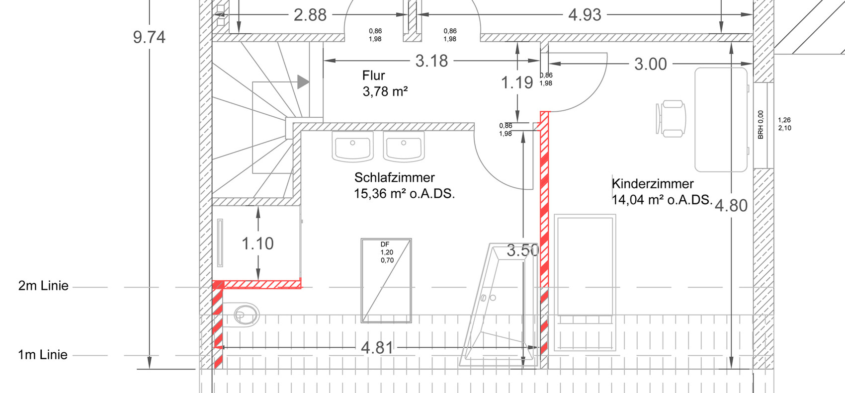 2D floor plan of a house with hallway, bedroom, and children's room